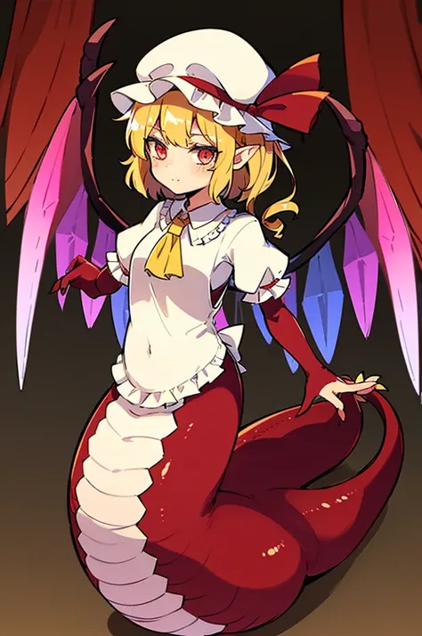 Flandre Scarlet, jewelry wing, (pointy ear:0.5), short ears, hat, White hat, Short sleeves, Puffy sleeves,Creature, dragon, dinosaur, 1 small head, glowing eyes, horns on head, big body, 4 small eagle limbs, 1 tail, 2 wings, on,lamia,monster girls,