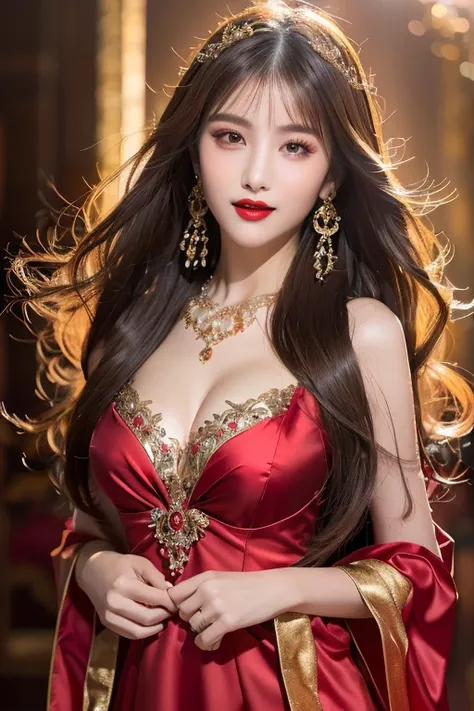 (highest quality、Full body photo 1.2、8K、best image quality、Award-winning work)、(one young girl, 14 years old:1.3)、(Luxury dresses:1.2)、(red eyeshadow:1.2)、perfect makeup、long eyelashes、Super high-definition sparkling eyes、ultra high definition hair、ultra h...