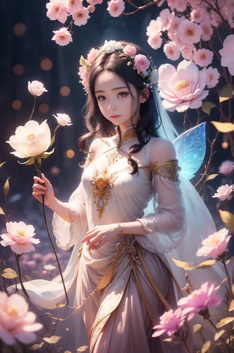 beautiful transparent flower fairy baby, transparent colorful feathers, the cane waving in the wind､The cane shone in the starlight，golden cane，Beautiful blue sky and white clouds、the girl has transparent wings､smile gently､Beautiful garden background､gent...