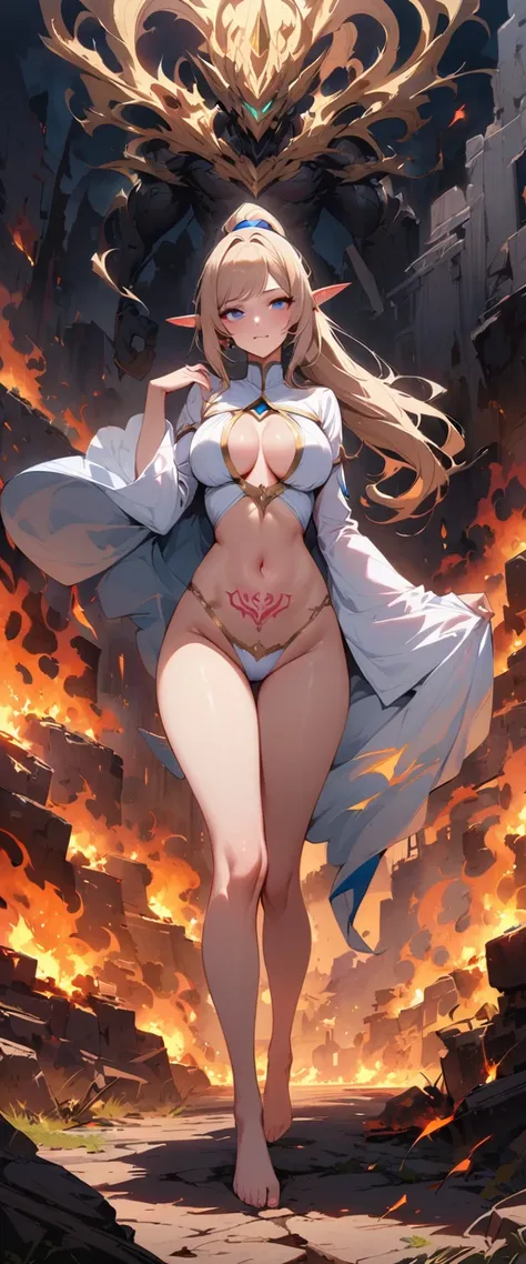 top quality, masterpiece, ultra high definition, Beautiful priestess, Belly button tattoo，blue eyes, looking at the audience, lol，long hair, lips, elf ears, Put your hand into your underwear，White clothes are very transparent, breasts and can be seen，Feath...