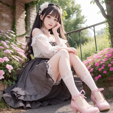 best quality, masterpiece, lifelike, 1 girl, alone, eternal, black hair, Long curly hair, blunt bangs, Smile, pink skirt, pink lolita dress, layered skirt, Lolita style long skirt,Layered dress lace-trimmed skirt, decorate, lace, long sleeve, puff sleeves,...