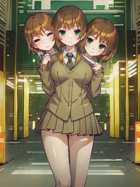 (masterpiece,best quality),best resolusion,(3heads:1.5),1 girl,Long brown hair tied in front,green eyes,wearing a brown long-sleeved uniform,wearing a green tie,wearing a short brown skirt,big breasts,looking at the audience,tokyo city streets background