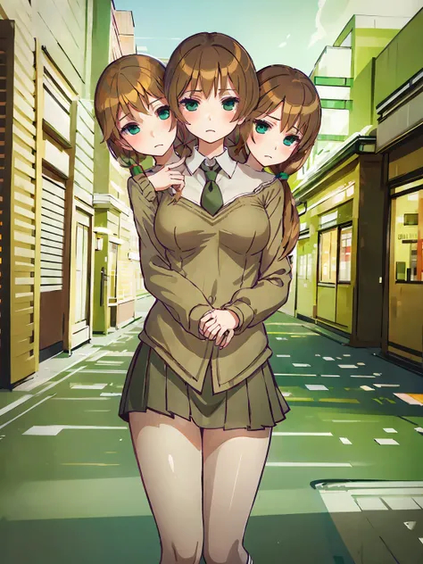 (masterpiece,best quality),best resolusion,(3heads:1.5),1 girl,Long brown hair tied in front,green eyes,wearing a brown long-sleeved uniform,wearing a green tie,wearing a short brown skirt,big breasts,looking at the audience,tokyo city streets background