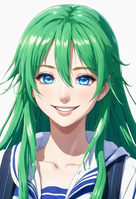 Anime girl with blue eyes, long green hair, and high school clothes. A girl with a bright smile 