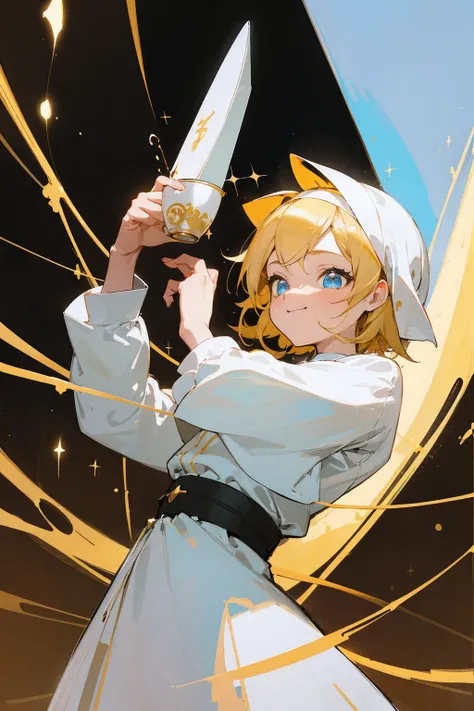 ((masterpice)), ((utral detailed)), ((cute)), ((niji art)), ((cute pose)), ((detailed eyes)), ((illusion)), blue eyes, ((detailed hand)), ((anime theme)), ((dark scene)), ((shape face)) ,1 girl,Kagamine Rin with a short curly messy blonde hair, wearing a w...