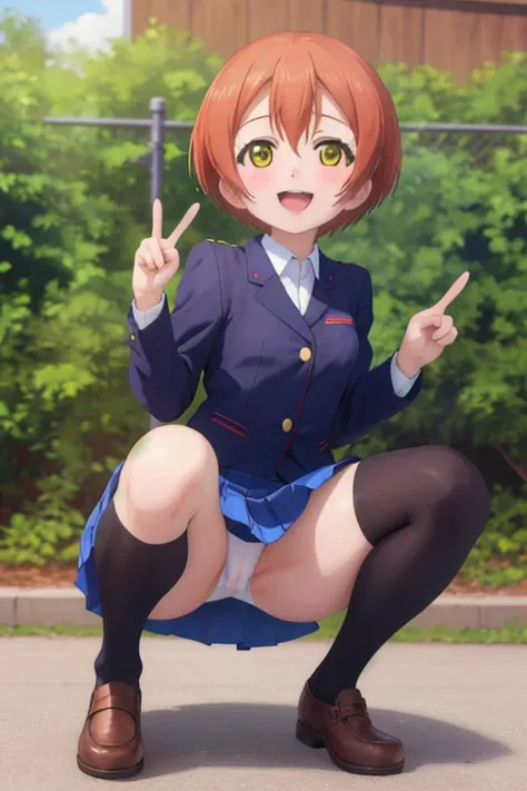 masterpiece, highest quality,Super detailed,girl,Happy,smile,rin hoshizora outdoor fence,open your mouth,uniform,mini skirt,white underwear,NSFW,small breasts,random angle,Undressing,blush,Squat down and spread your legs wide open.,peace sign