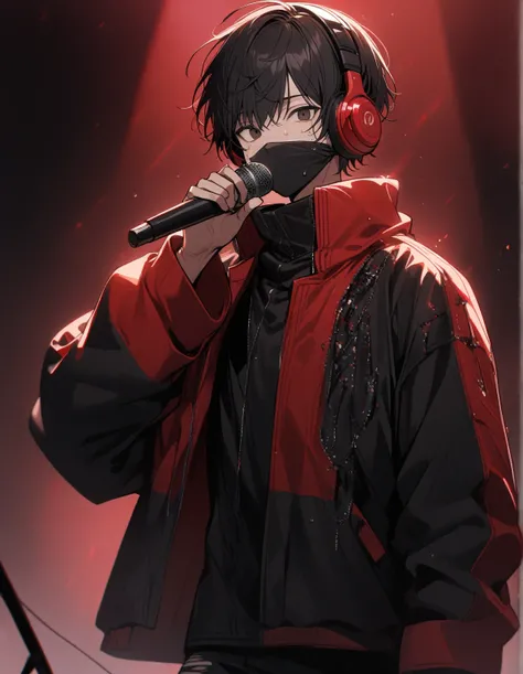 1 guy, black hair, short hair with bangs with a red gradient on his hair, black eyes, looks at the viewer, sings into the microphone, stands on stage, singer, red headphones on, black mask covers his mouth, dressed in a black baggy jacket and black ripped ...