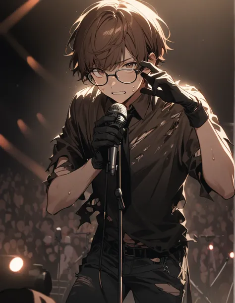 1 guy, brown hair, short hair with bangs, brown eyes, looks at the viewer, sings into the microphone, stands on stage, singer, wears glasses, wears a white torn shirt and black tie and black torn jeans, black gloves, sweat on his face, tense, gentle tones