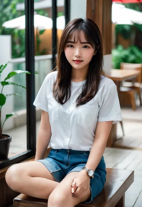 Realistic photo 1:4)) 22 year old Indonesian woman, beautiful and graceful, Asian from Indonesia wearing a detailed plain white t-shirt, detailed long Levis pants, wearing a detailed watch, detailed rebook shoes, full body appearance with a gentle smile, s...