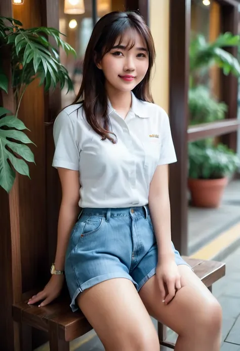 Realistic photo 1:4)) 22 year old Indonesian woman, beautiful and graceful, Asian from Indonesia wearing a detailed plain white t-shirt, detailed long Levis pants, wearing a detailed watch, detailed rebook shoes, full body appearance with a gentle smile, s...