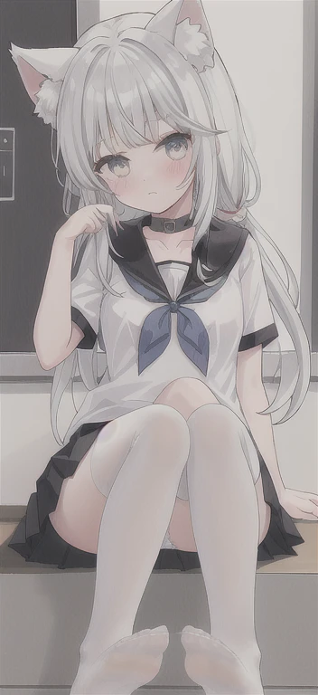 1 girl, skirt, animal_ears, foot, sailor_collar, long_hair, white_legwear, alone, shoe底, School_, pleexisted_skirt, Sefuku, blue_短裙 shirt, collarbone, white_shirt, watching_exist_audience, animal_ear_Brushed, No_shoe, short_sleeve, scarf, side lock, silver...