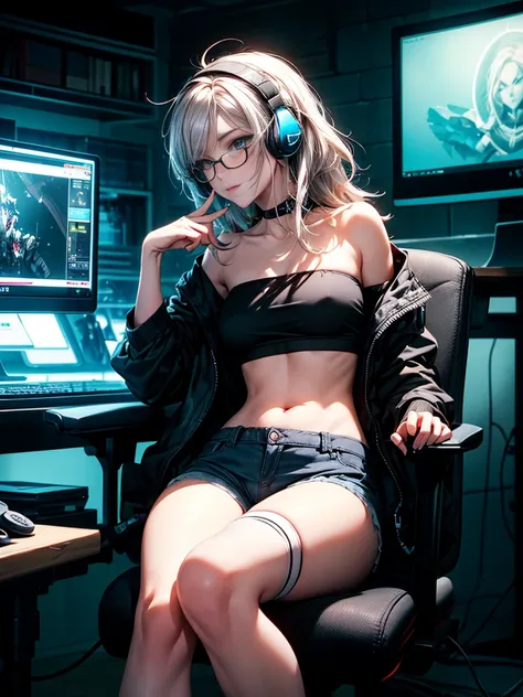 ultra-detailed, cute woman, petite stature, enormous breasts, white skin, alluring figure, black long messy hair, long upper eyelashes, eyebrows behind hair, upturned eyes, light blush, seductive smile, Goethe makeup, background((dark and messy gaming room...