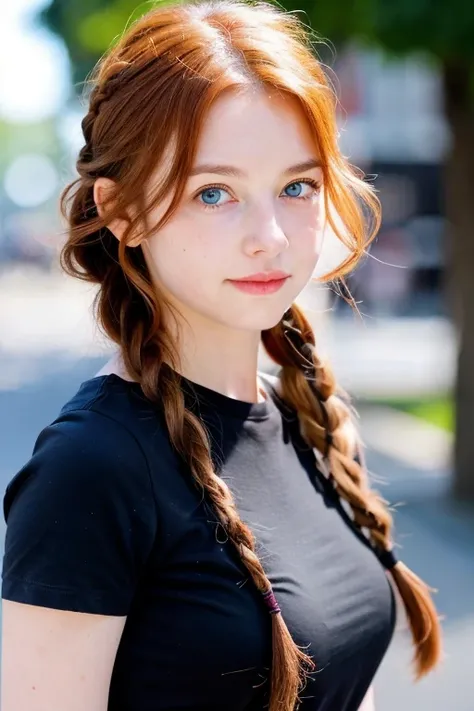 young woman, bright blue eyes, neat face, straight nose, , curly red hair tied in a braid , black shirt red satin skirt