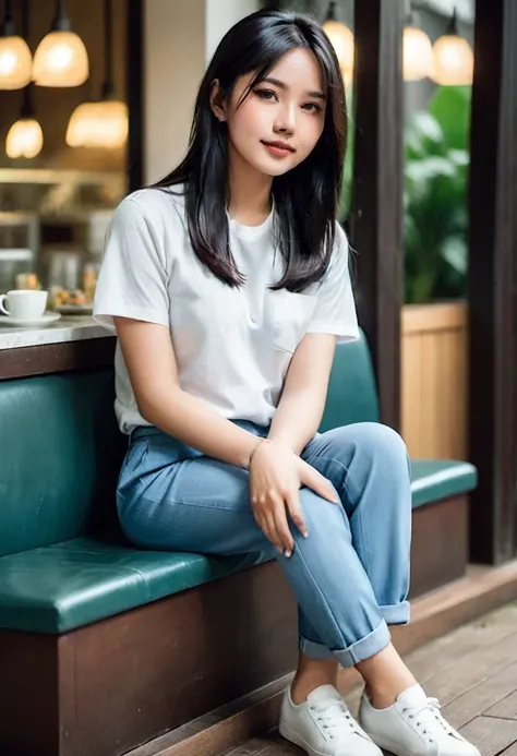 Realistic photo 1:4)) 22 year old Indonesian woman, beautiful, elegant, long straight black hair, neat from Indonesia wearing a detailed plain white t-shirt, trousers wearing detailed long Levis, wearing a detailed watch, detailed white rebook shoes, full ...