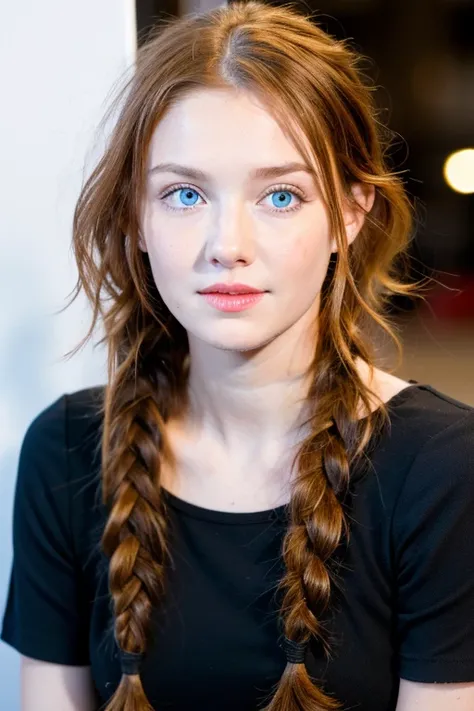 young woman, bright blue eyes, neat face, straight nose, , curly red hair tied in a braid, black shirt,Red dress