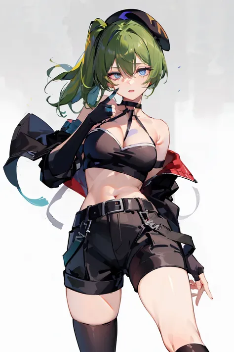 bruise,dark green hair,long hair,side ponytail,hair between eyes,bangs,
break (beret, black jacket, open clothes, cleavage, abdo...