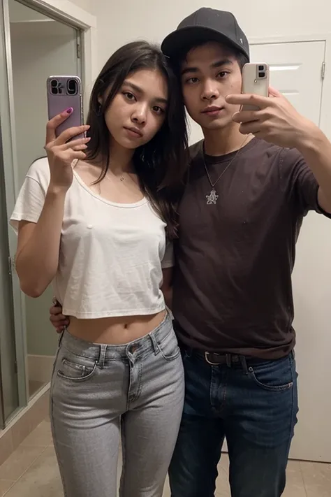 a Filipino teenage couple taking a mirror selfie, she us wearing a purple shirt and denim pants while he is wearing plain white shirt, black pants and a cap