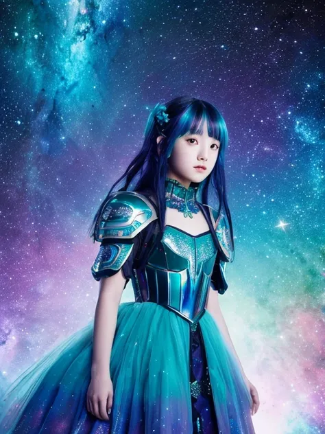 Girl with iridescent hair and detailed teal dress armor, Are standing, rainbow colored space nebula background, performer, Milky Way, intricate details, perfect face