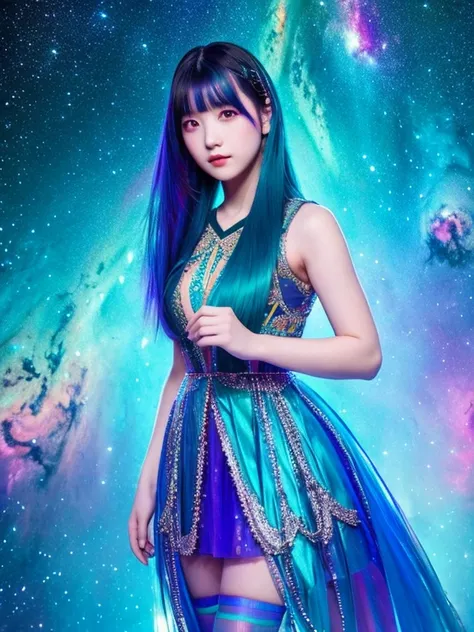 Girl with iridescent hair and detailed teal dress armor, Are standing, rainbow colored space nebula background, performer, Milky Way, intricate details, perfect face