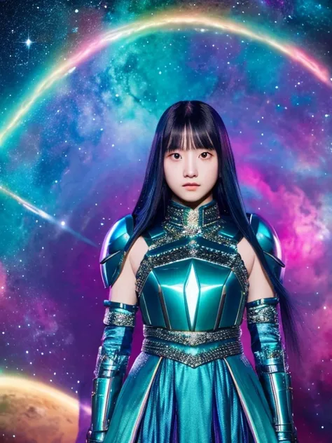 Girl with iridescent hair and detailed teal dress armor, Are standing, rainbow colored space nebula background, performer, Milky Way, intricate details, perfect face