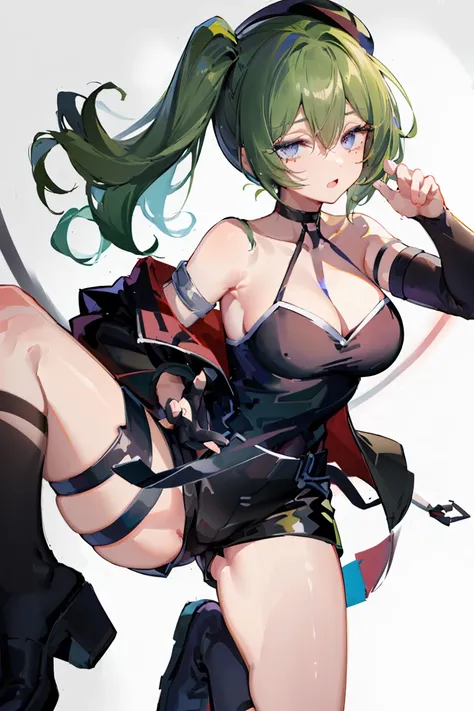 Bruise,dark green hair,long hair,side ponytail,hair between eyes,bangs,
break (beret, black jacket, open clothes, cleavage, abdomen, black shorts, black stockings, thigh strap, fingerless gloves, single glove:1.2)
break blurry background,
break pose, put y...