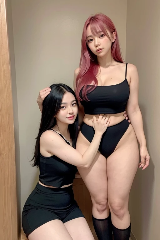 emphasize the thighs,Two cute women are photographed from behind in the bathroom,big , pink hair,Pose showing pants,older sister,black pants,thick thighs,M-shaped spread legs,whole body,black hair,long hair,big breasts,hug each other,stick out tongue,clavi...