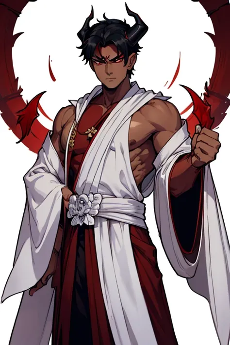 male, red eyes, demon, handsome, branch like horns, black skin, skull like head, (((1boy))), (((white Buddhists robes))), slightly muscular, long legs