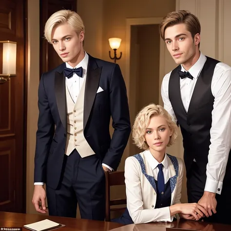 a perfect Asmonean jew man, short hair blonde, well dressed. focus on the characters faces