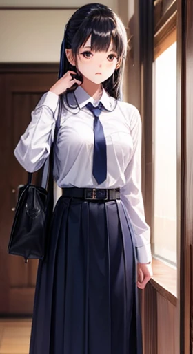 girl, convent, white shirt, long sleeve, Loose tie, Navy blue long skirt, black belt,