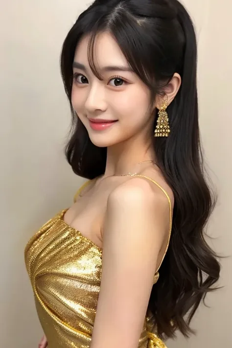 The upper body of a woman in a gold dress, gorgeous young korean woman, beautiful korean woman, beautiful young korean woman, gorgeous chinese model, korean girl, beautiful asian girl, 2 4 year old female model, face of young cute asian man, Shishionwu, cu...