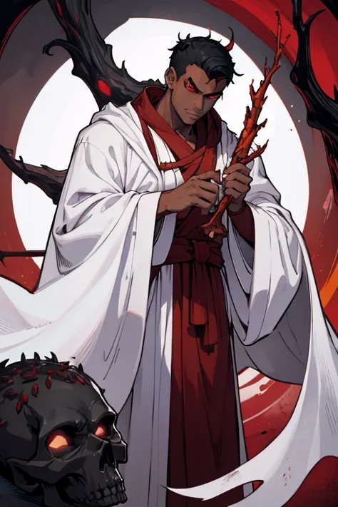 male, red eyes, demon, handsome, branch like horns, black skin, skull like head, (((1boy))), (((white Buddhists robes))), slightly muscular, long legs