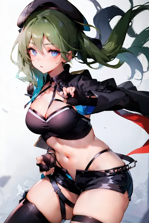 Bruise,dark green hair,long hair,side ponytail,hair between eyes,bangs,
break (beret, black jacket, open clothes, cleavage, abdomen, black shorts, black stockings, thigh strap, fingerless gloves, single glove:1.2)
break blurry background,
break pose, put y...