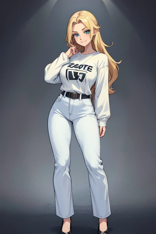 female, blonde long hair, green eyes, pale skin, (((1girl))), (((white long sleeve t-shirt))), (light blue denim pants), (black belt), (black flats), cute and sexy, large breasts, large butt, full body, long legs, smiling