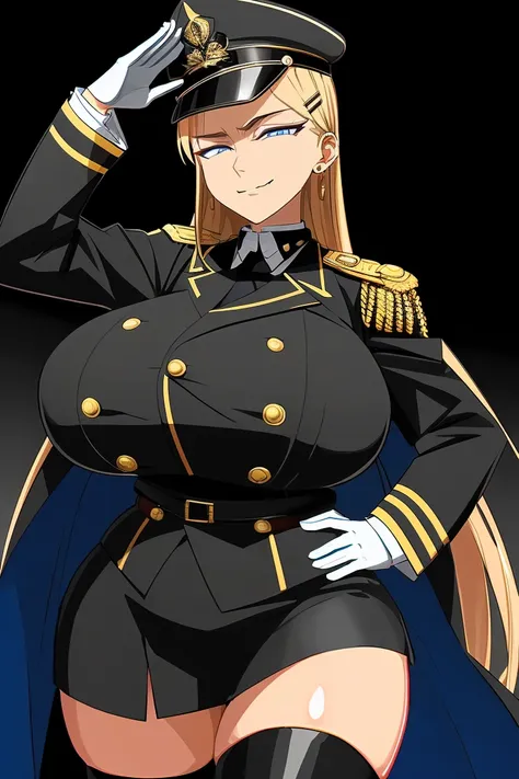  long hair, ahoge, sidelocks, parted bangs, hairclip, salute, hand on hip, gold earrings, large breasts, jewelry, military cap, (military uniform), (epaulette),coat, fur-trimmed coat, jacket, harness, thigh strap, black thigh boots, (layered skirt), minisk...