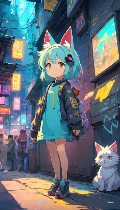 Masterpiece, Best quality, cat ears, Lots of detail, (full body:1.2), tchibi, Cyberpunk，3D rendering of, Q printmaking style,A trendy (cyberpunk style:1.3) ，Eating bubble gum，facing at the camera，Sit on the ground located in the lower left corner of the pi...