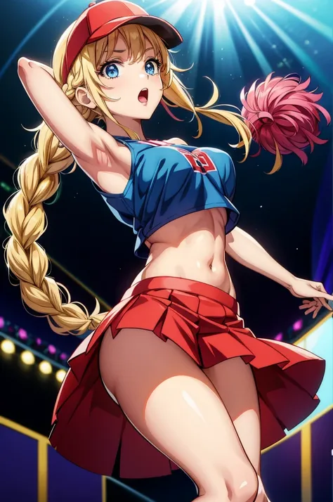 an animated version of an anime girl cheerleader standing up and wearing a colorful outfit, cheerleader, 1girl, skirt, navel, pom pom (cheerleading), blue eyes, solo, midriff, crop top, open mouth, sleeveless, pleated skirt, bare shoulders, miniskirt, slee...