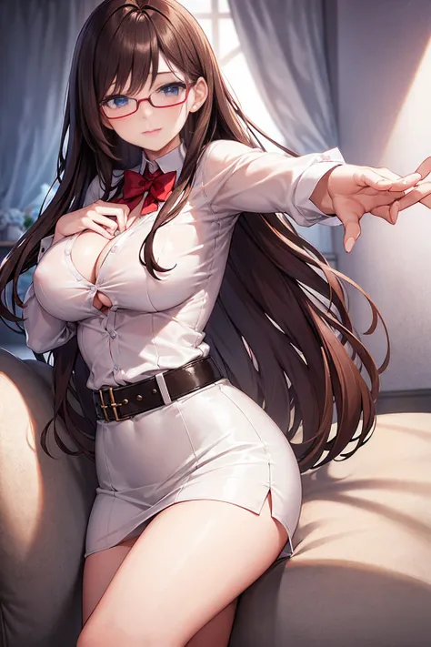 brown hair、Waist-length hair、blue eyes、beautiful eyes，Delicate Eyes，Droopy eyes，pink lips，red glasses，red underwear、OL，White transparent business shirt，White tight skirt，Large belt，Smiling embarrassedly，sexy pose，red high heels，underwear is visible，Open-ch...