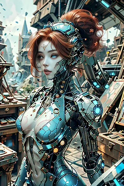 (best quality,4k,8k,highres,masterpiece:1.37), ultra-detailed, (realistic,photorealistic,photo-realistic:1.37), (aerial view), (top down perspective), 1woman, (the focal point is a woman pulling a video game cartridge out of a futuristic artifact box full ...