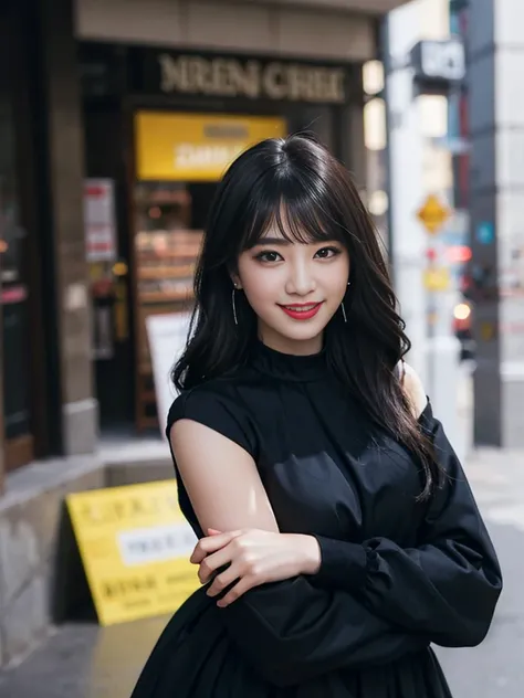 1girl, solo, looking at viewer, smile, black hair, long sleeves, dress, jewelry, earrings, choker, black eyes