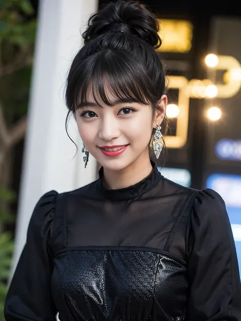 1girl, solo, looking at viewer, smile, black hair, long sleeves, dress, jewelry, earrings, choker, black eyes