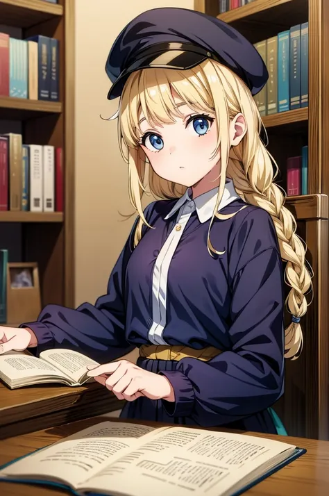 a young pretty girl with blond hair sitting at a table with lots of books, 1girl, book, solo, braid, blonde hair, blue eyes, hat, bookshelf, long hair, looking at viewer, long sleeves