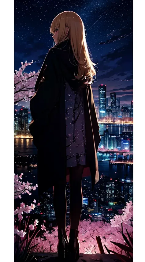 １people々々々々,blonde long hair，long coat，silhouette， Rear view，space sky, milky way, anime style, cherry blossoms，夜cherry blossoms，辺り一面に舞うcherry blossoms吹雪，Night view of the city from the mountainside，