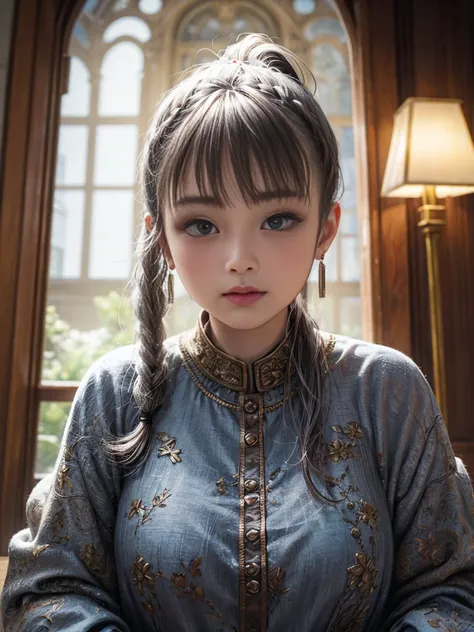 (highest quality, masterpiece:1.2), ultra high resolution, realistic, front light, intricate details, Exquisite detail and texture, 1 girl, alone ,(young), facial highlights, Upper body, detailed face, Tears mole, white skin, silver hair, ponytail, braid h...