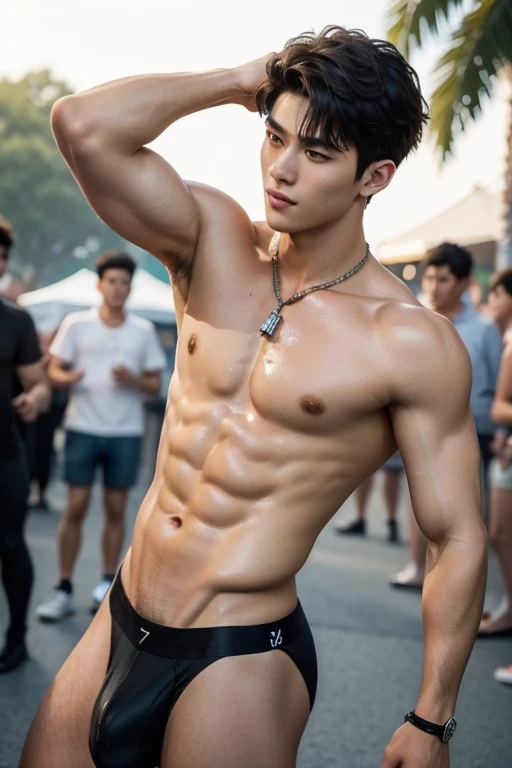 outdoor, sunny day, A young man at a crowded food festival, Amazing food festival scenery, crowded festival, food standing in the background, ภาพถ่ายfull body, The body is very wet..,  กางเกงชั้นในสีขาวโปร่งthinมาก, Proudly showing off his hairy hair., Arm...