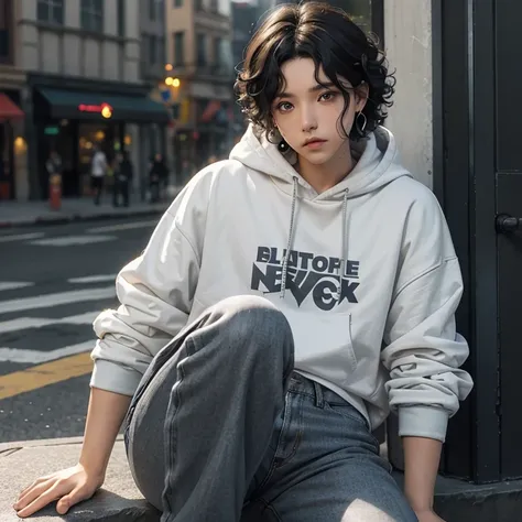 white man, short black hair, slightly curly hair, gray eyes, serious face, blue shirt, black pants, hoodie, perfect face, animelike, earring on left ear, highlights, colorfull
