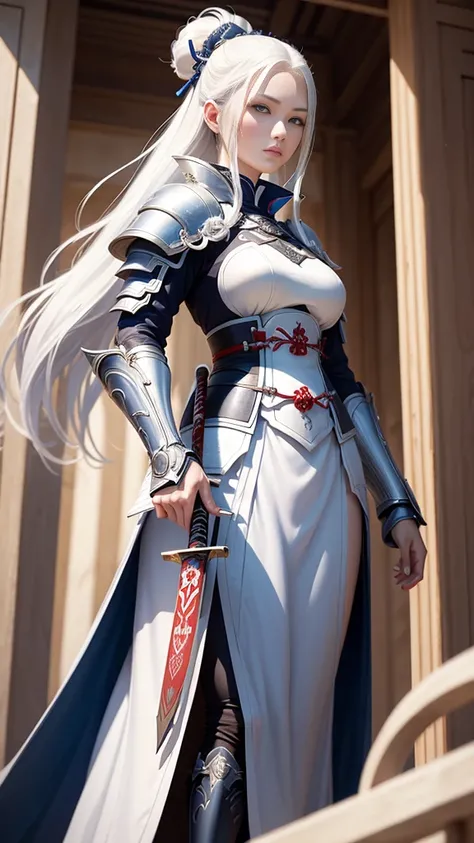 a wide shot of an ethereal white skinned samurai woman with a white and blue armor, she has long white hairs, she is  holding a katana, she is on the balcony of an ancient palace, fantasy style, beautiful illustration,