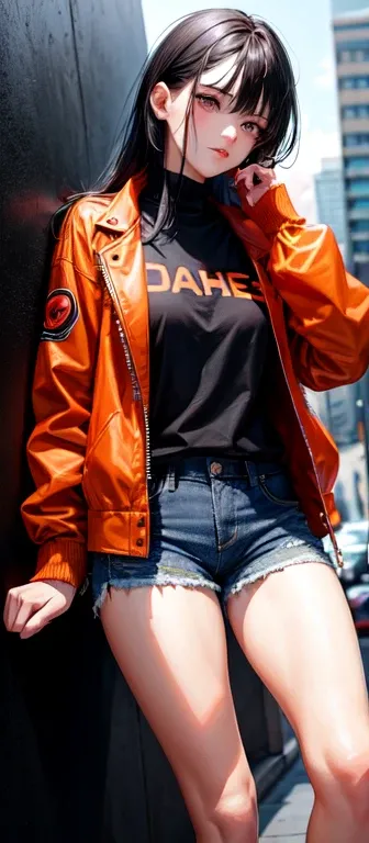 black hair, black eyes, short denim, red blouse and orange jacket.