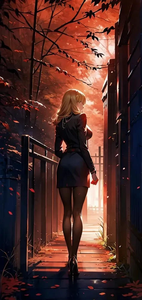 blonde woman，long coat，rear view，silhouette，sexy body，red forest，red moon，red night，gate，gateの先に別世界，