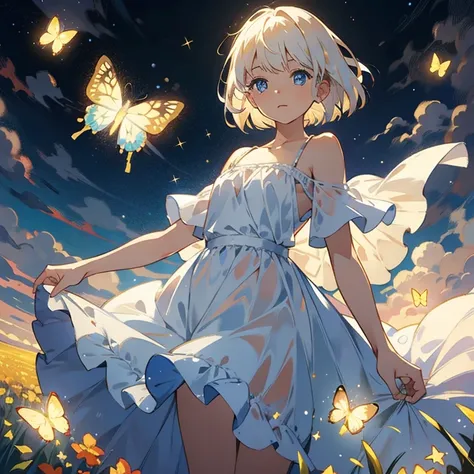 Depicts a carefree girl in a windswept flower field, surrounded by glowing Butterfly. stars light up the sky, The sun casts a warm light. Add bokeh for a dreamy touch. Vision, starlight, Butterfly, masterpiece, best quality,high dynamic range.ultra high de...