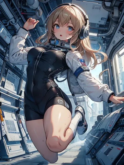 top-quality,Top image quality,in 8K,4K,​masterpiece,ultra-detailliert,Beautiful,ultra-quality, best quality,high resolution, ultra-detailed,game cg,dutch angle,acrobatic pose,jumping,(inside spacestation,)beautiful detailed eyes,five fingers,headphone,nsfw...